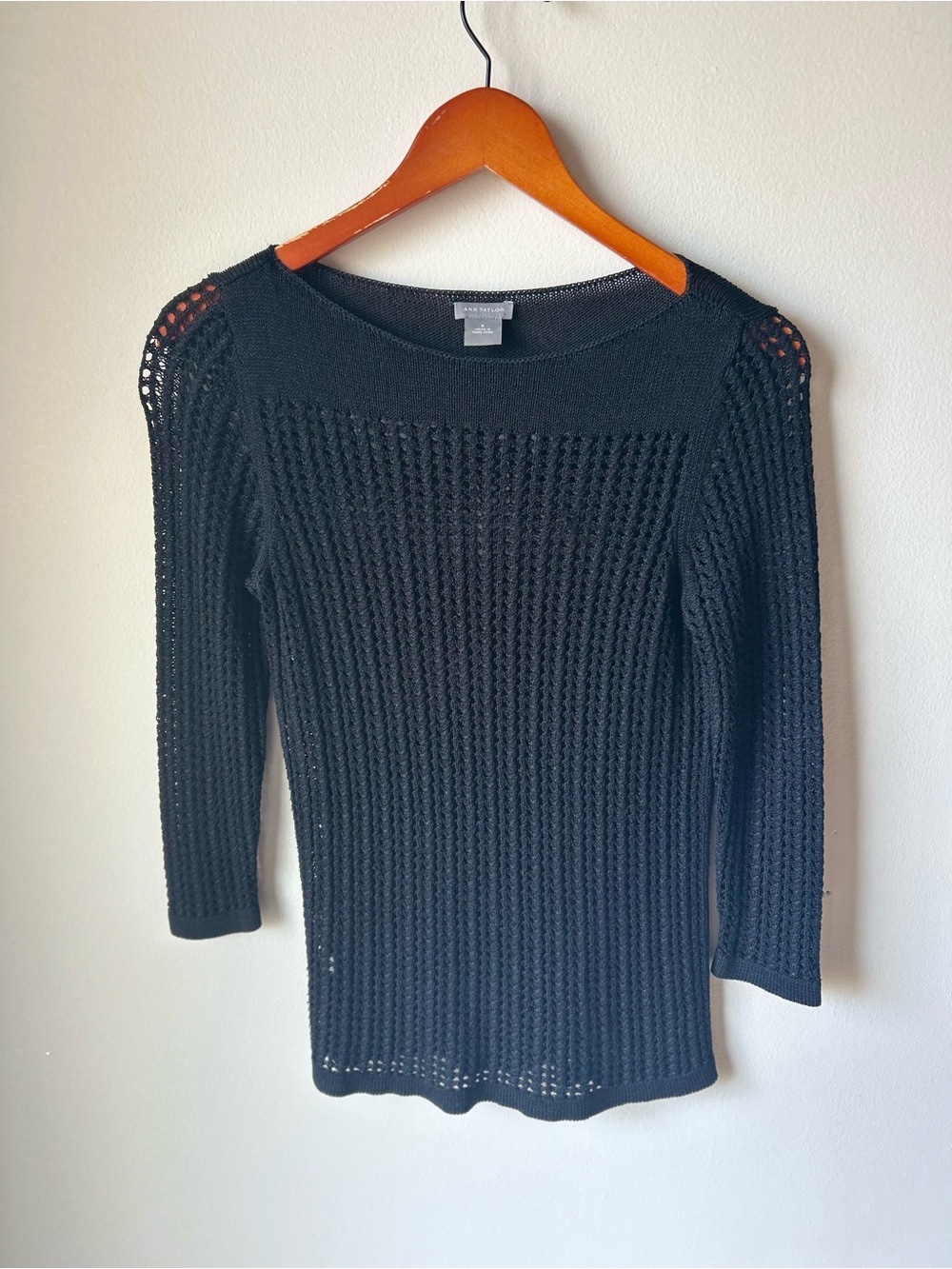 ANN TAYLOR Black Open Knit Boat Neck Sweater 3/4 Sleeve Lightweight Size Small - Picture 2 of 8
